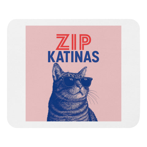 ZIP Katinas mouse pad showing the full pink square, red and blue lettering and blue sunglasses cat within a white border