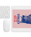 ZIP Katinas mouse pad showing the full pink square, red and blue lettering and blue sunglasses cat within a white border