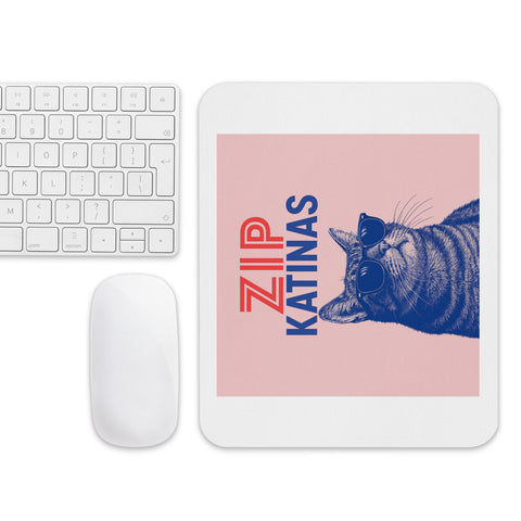 ZIP Katinas mouse pad showing the full pink square, red and blue lettering and blue sunglasses cat within a white border