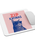 ZIP Katinas mouse pad showing the full pink square, red and blue lettering and blue sunglasses cat within a white border