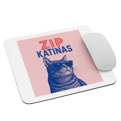 ZIP Katinas mouse pad showing the full pink square, red and blue lettering and blue sunglasses cat within a white border