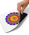 Detail of the white Psychedelic Om Lotus mouse pad with a colourful mandala print.