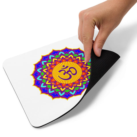 Detail of the white Psychedelic Om Lotus mouse pad with a colourful mandala print.