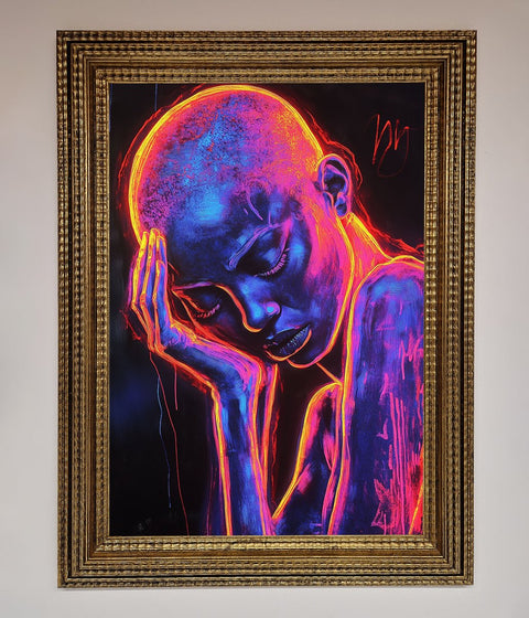 Neon Woman Hands In Head Framed Print