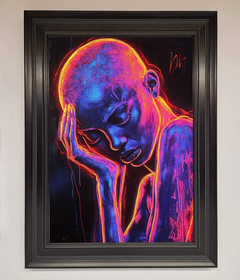 Neon Woman Hands In Head Framed Print