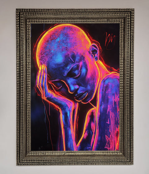 Neon Woman Hands In Head Framed Print