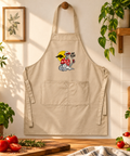Rope beige Not Today organic cotton apron hanging in a sunlit kitchen beside fresh herbs, tomatoes and a wooden cutting board.