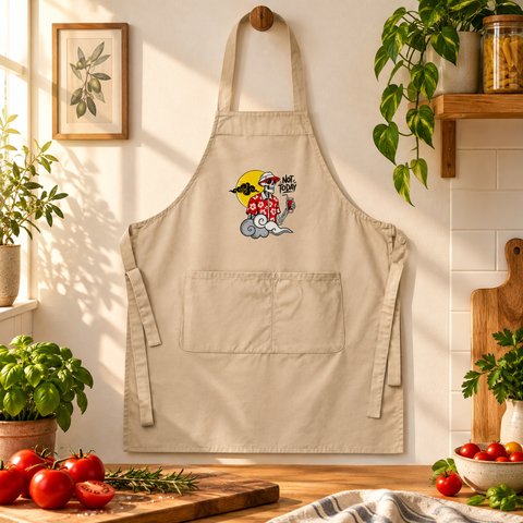 Rope beige Not Today organic cotton apron hanging in a sunlit kitchen beside fresh herbs, tomatoes and a wooden cutting board.