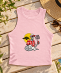 Pink Not Today women’s racer tank laid on a sunlit wooden terrace bench beside sunglasses and a straw hat, showing one tropical skeleton front print.