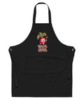 Black organic cotton apron with a cheerful radish and Rooting for Dinner front illustration.