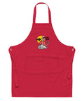 Red organic cotton apron with one colourful Not Today tropical skeleton design on the front and a two-compartment pocket.