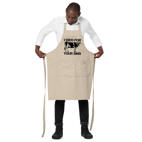 Natural Rope organic cotton apron with black cow stencil and I Died for Your Sins lettering on the front – ZIPZAPPA