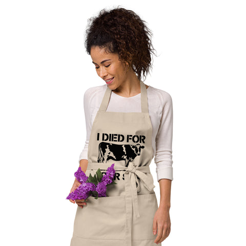 Natural Rope organic cotton apron with black cow stencil and I Died for Your Sins lettering on the front – ZIPZAPPA