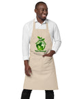 Man wearing a Rope organic cotton apron with green leafy Earth artwork and Go Green lettering above a two-compartment pocket.