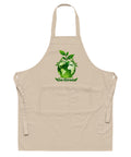 Front view of a Rope organic cotton apron with green leafy Earth artwork and Go Green lettering above a two-compartment pocket.