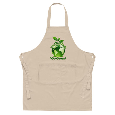 Front view of a Rope organic cotton apron with green leafy Earth artwork and Go Green lettering above a two-compartment pocket.