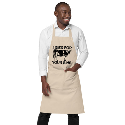 Natural Rope organic cotton apron with black cow stencil and I Died for Your Sins lettering on the front – ZIPZAPPA