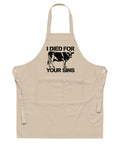 Natural Rope organic cotton apron with black cow stencil and I Died for Your Sins lettering on the front – ZIPZAPPA