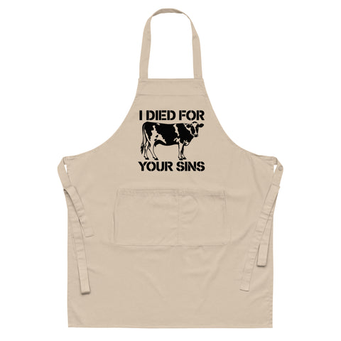 Natural Rope organic cotton apron with black cow stencil and I Died for Your Sins lettering on the front – ZIPZAPPA
