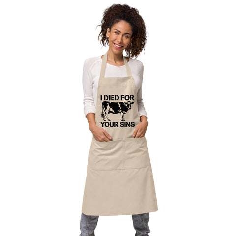 Natural Rope organic cotton apron with black cow stencil and I Died for Your Sins lettering on the front – ZIPZAPPA