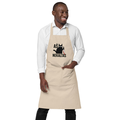 Aš Nekaltas organic cotton apron in Rope with mischievous black cat and Lithuanian lettering – view 2