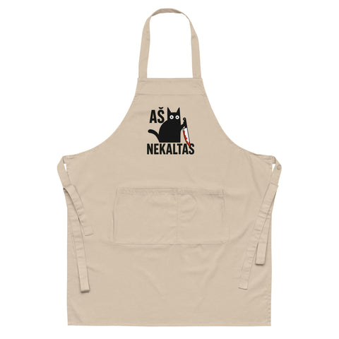 Aš Nekaltas organic cotton apron in Rope with mischievous black cat and Lithuanian lettering – view 1