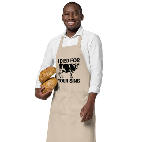 Natural Rope organic cotton apron with black cow stencil and I Died for Your Sins lettering on the front – ZIPZAPPA