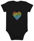 Front view of the black Rainbow Heart organic cotton baby bodysuit with one rainbow-line heart print.