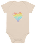 Front view of the organic natural Rainbow Heart organic cotton baby bodysuit with one rainbow-line heart print.