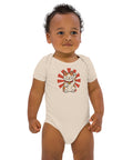 Lucky Cat organic cotton baby bodysuit in Organic Natural, front with waving cat and red sunburst – view 3