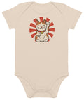 Lucky Cat organic cotton baby bodysuit in Organic Natural, front with waving cat and red sunburst – view 1