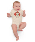 Lucky Cat organic cotton baby bodysuit in Organic Natural, front with waving cat and red sunburst – view 7