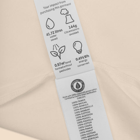 Care label detail on the organic natural Rainbow Heart organic cotton bodysuit.