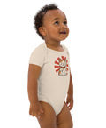 Lucky Cat organic cotton baby bodysuit in Organic Natural, front with waving cat and red sunburst – view 5