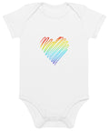 Front view of the white Rainbow Heart organic cotton baby bodysuit with one rainbow-line heart print.