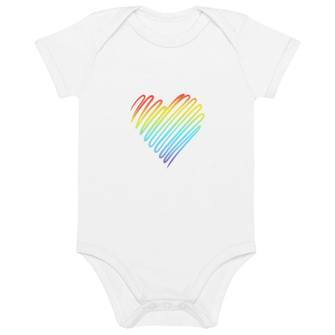 Front view of the white Rainbow Heart organic cotton baby bodysuit with one rainbow-line heart print.