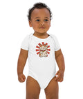 Lucky Cat organic cotton baby bodysuit in White, front with waving cat and red sunburst – view 4