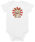 Lucky Cat organic cotton baby bodysuit in White, front with waving cat and red sunburst – view 2