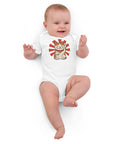 Lucky Cat organic cotton baby bodysuit in White, front with waving cat and red sunburst – view 8