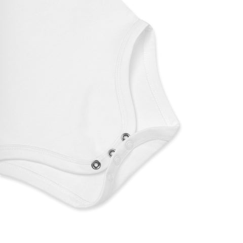 Close-up of the three crotch poppers on the white organic cotton baby bodysuit.