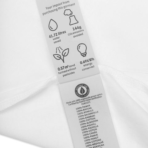 Care label detail on the white Rainbow Heart organic cotton bodysuit.