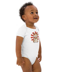 Lucky Cat organic cotton baby bodysuit in White, front with waving cat and red sunburst – view 6