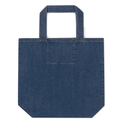 In the Mirror I See Potential organic denim-blue tote bag with large chess pawn and king illustration – plain back