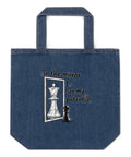 In the Mirror I See Potential organic denim-blue tote bag with large chess pawn and king illustration – front