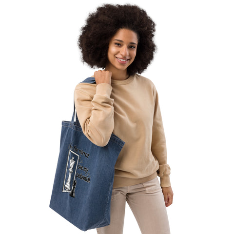 In the Mirror I See Potential organic denim-blue tote bag with large chess pawn and king illustration – right front angle