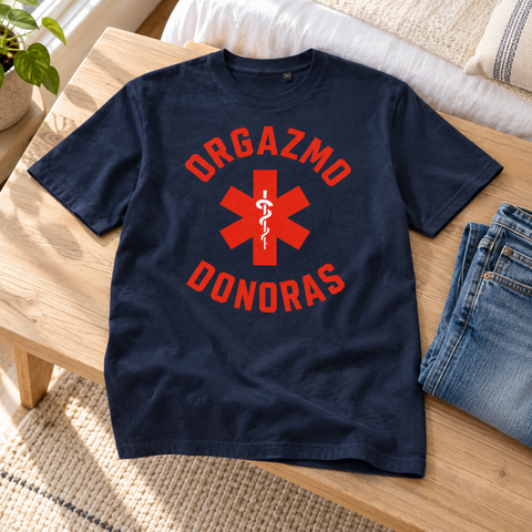 French Navy heavyweight T-shirt with red Orgazmo Donoras Lithuanian humour artwork, laid on a pale wooden bench beside jeans.