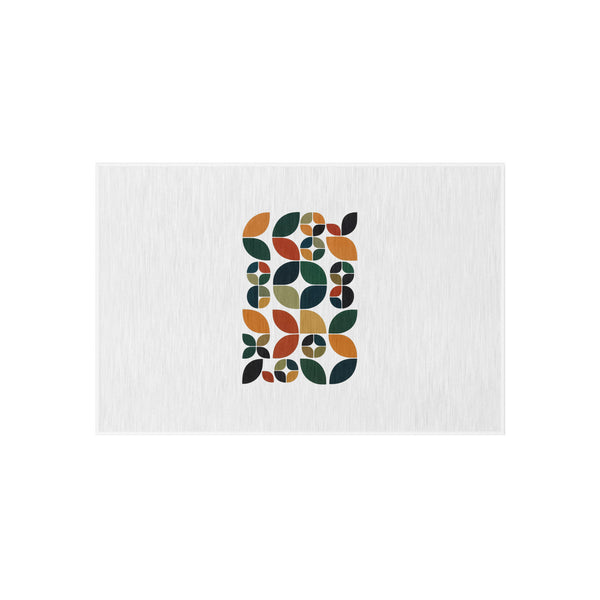 Retro Leaf Mosaic 24 × 36 inch white outdoor rug with complete centred arrangement of green, teal, mustard, orange and rust geometric leaves
