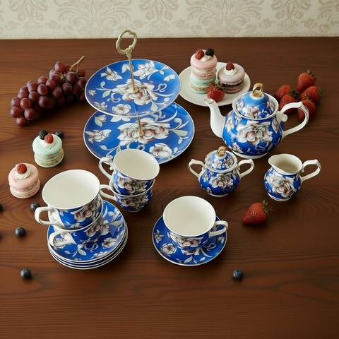 Service à thé en porcelaine fine bleu royal du Warwickshire