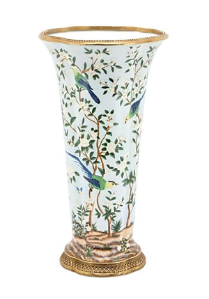 Oversized Cloisonné-Style Vase with Hand Painted Bird Motif