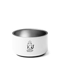 White 18 oz stainless steel pet bowl – original What’s for Dinner grumpy cat front graphic – mockup 1 – ZIPZAPPA